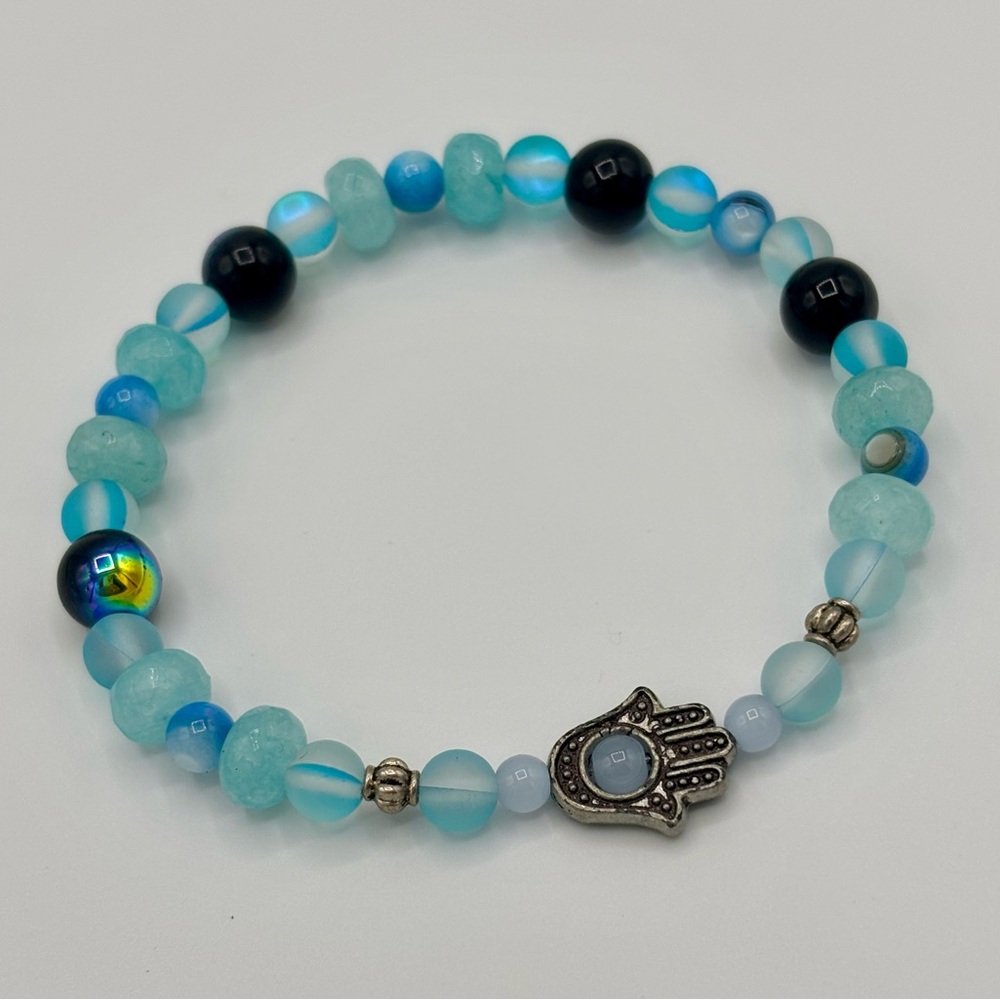 Blue Beaded Gemstone Bracelet with Hamsa Charm
